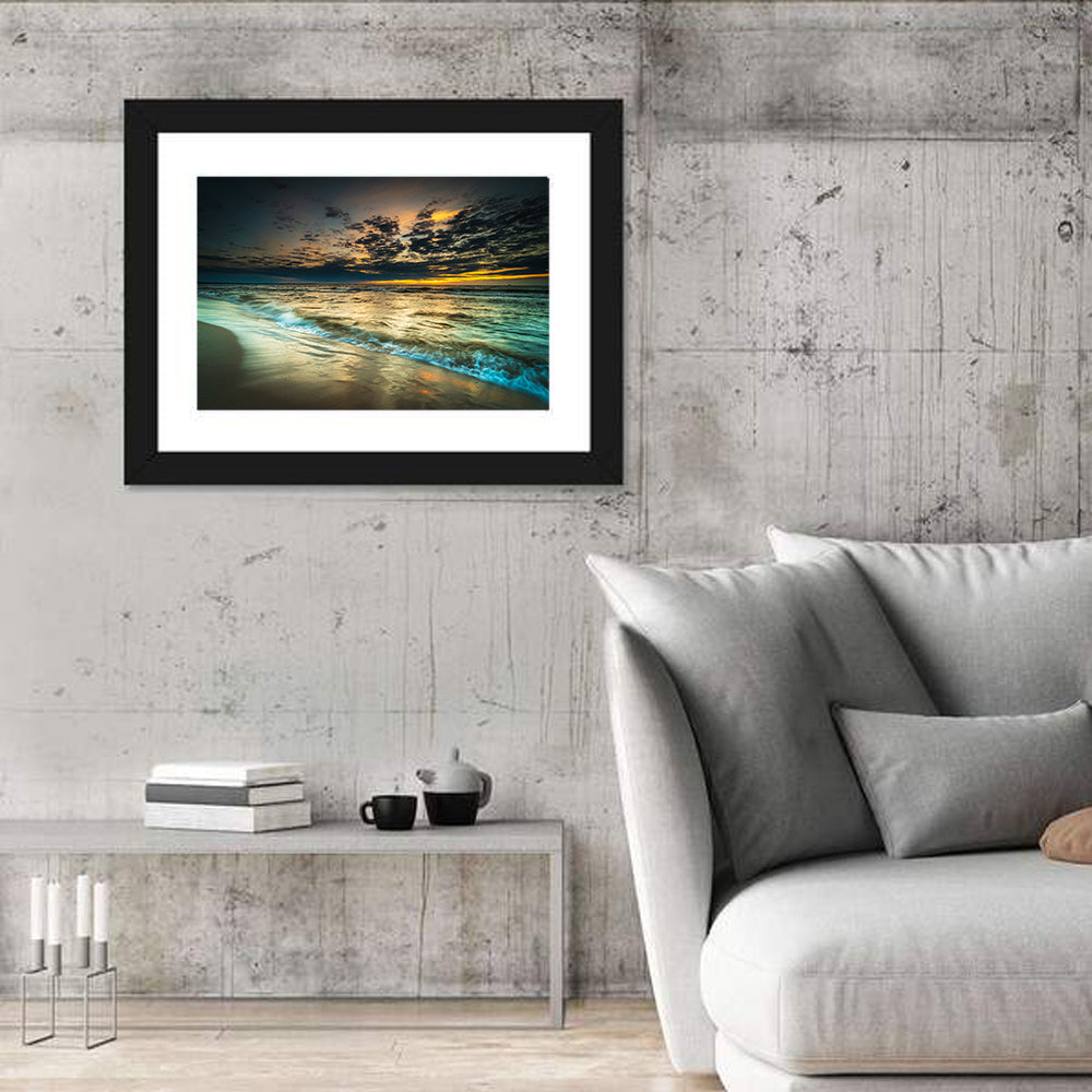 Shoreline Sunset with Boat Silhouette Wall Art