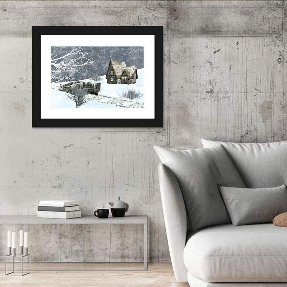Starry Winter Cottage and Frozen Stream Wall Art