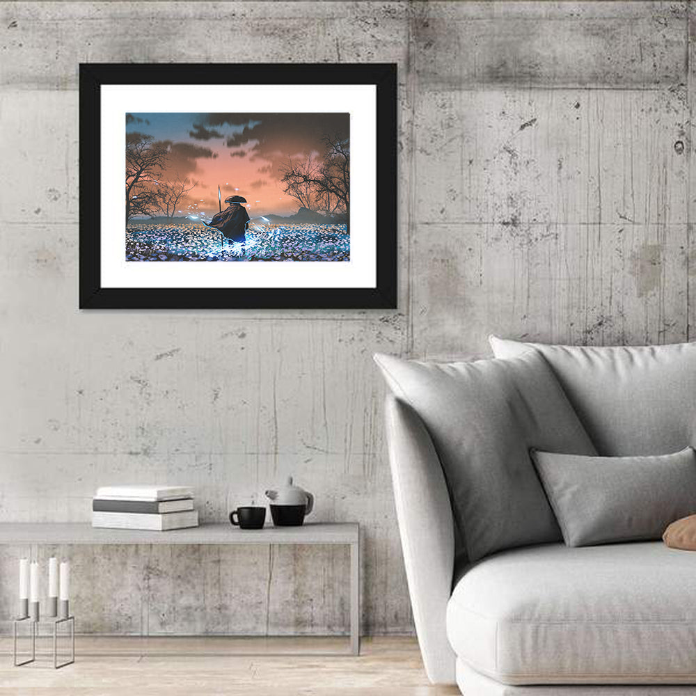 Straw Hat Samurai at Dusk Wall Art in a room, landscape