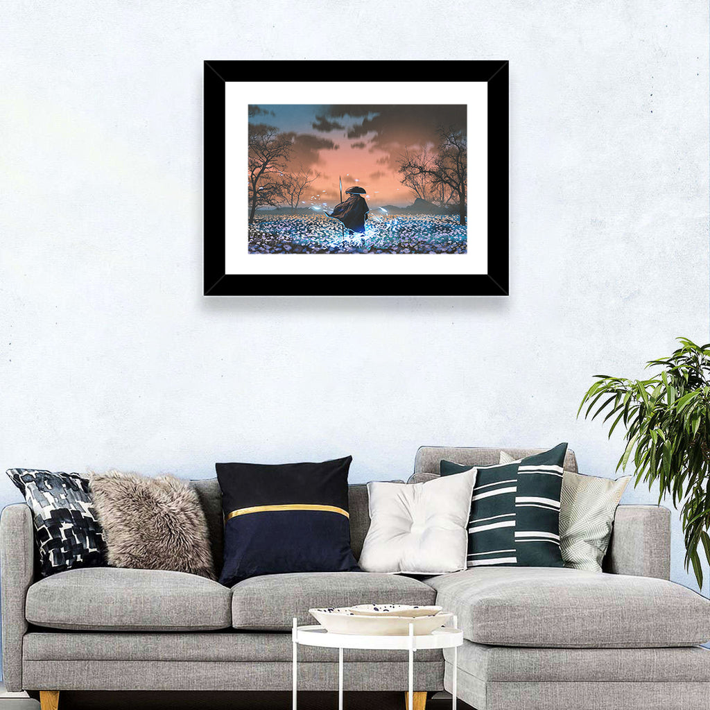 Straw Hat Samurai at Dusk Wall Art