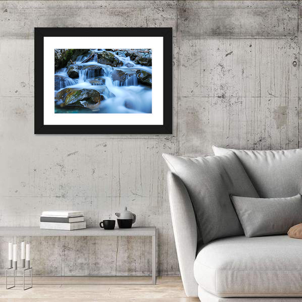 Mossy Rock Stream with Silky Waterfall Wall Art in a room, landscape