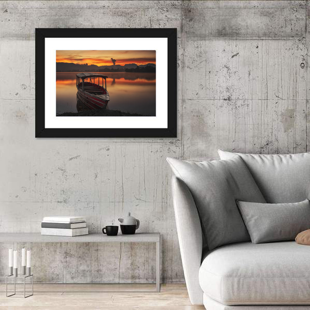 Sunset Fishing Boat on Calm Lake Wall Art
