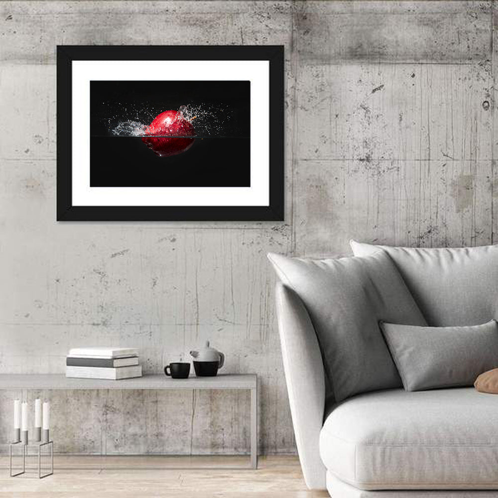 Red Apple Water Splash Wall Art in a room, landscape