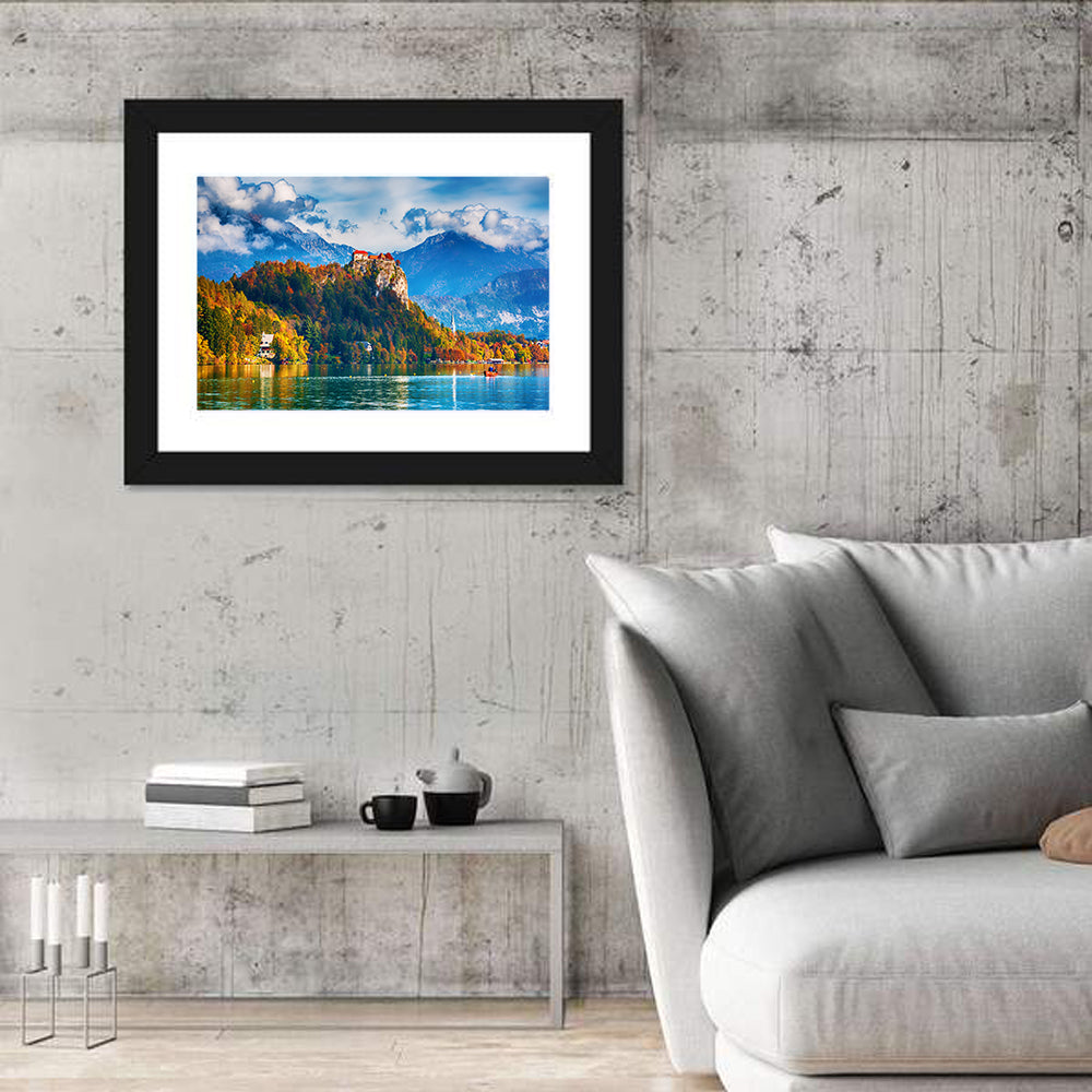 Bled Castle with Rowboat Wall Art in a room, landscape