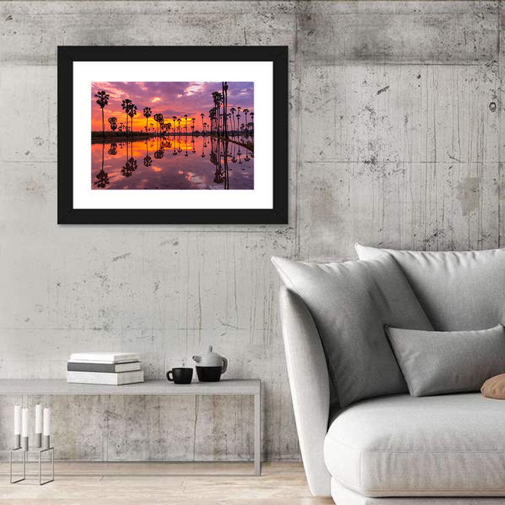 Palm Trees Sunset Reflection Wall Art in a room, landscape