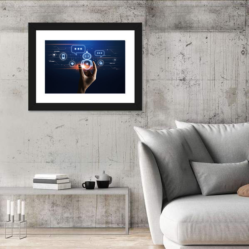 Hand Holding Robotic Assistant Icon Wall Art in a room, landscape
