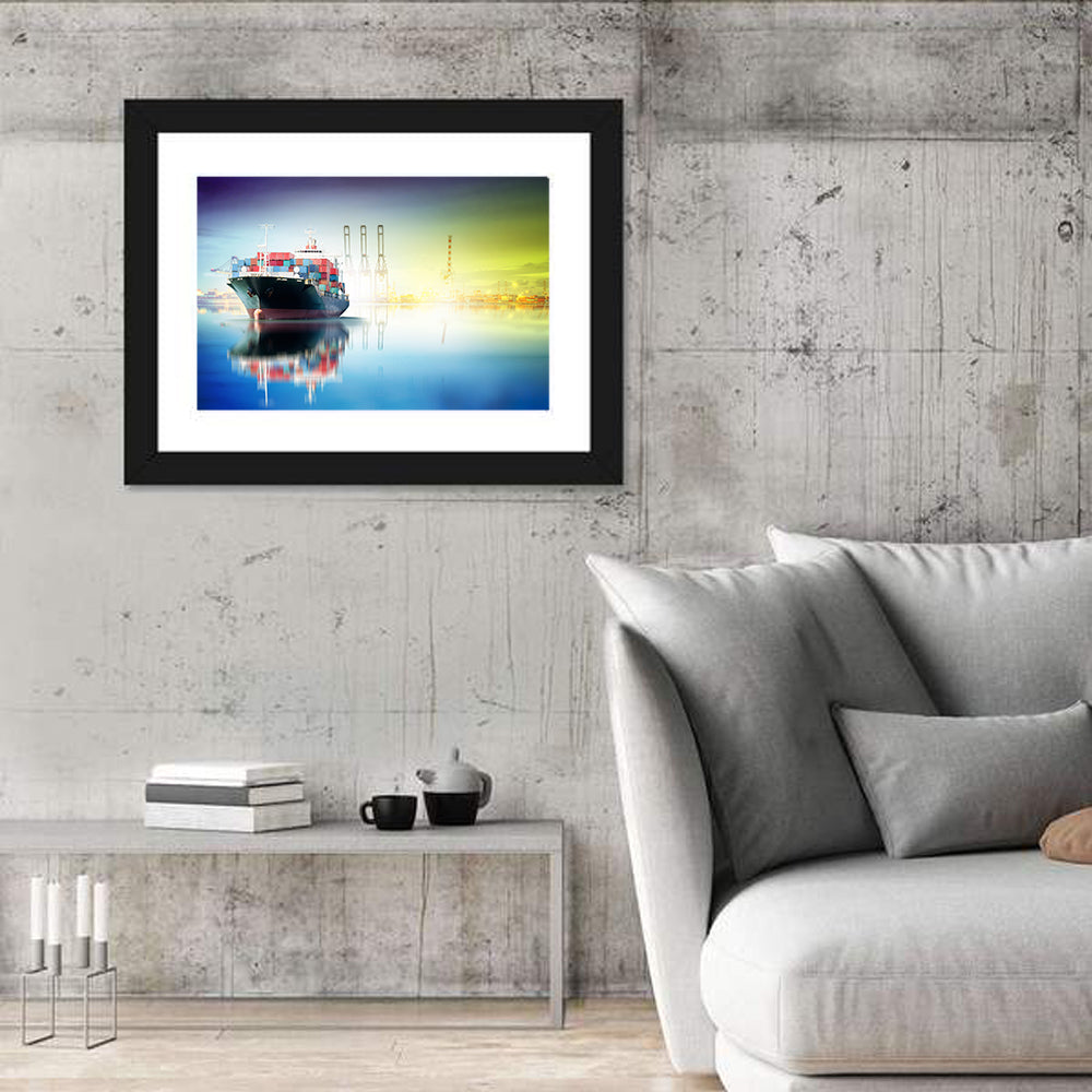 Harbor Cargo Ship with Reflection Wall Art