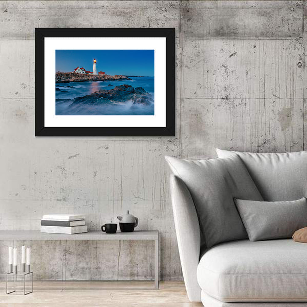 Portland Head Light at Dusk Wall Art in a room, landscape