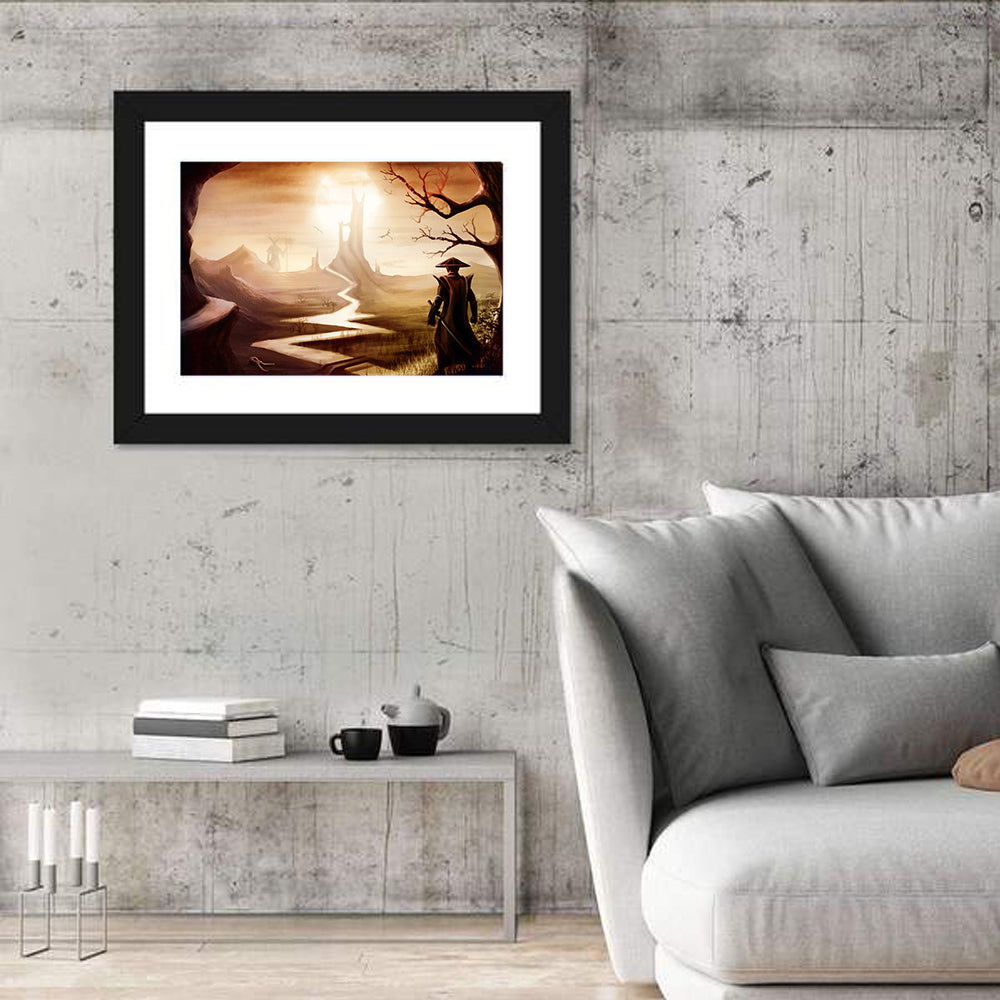 Silhouetted Samurai at Distant Tower Wall Art