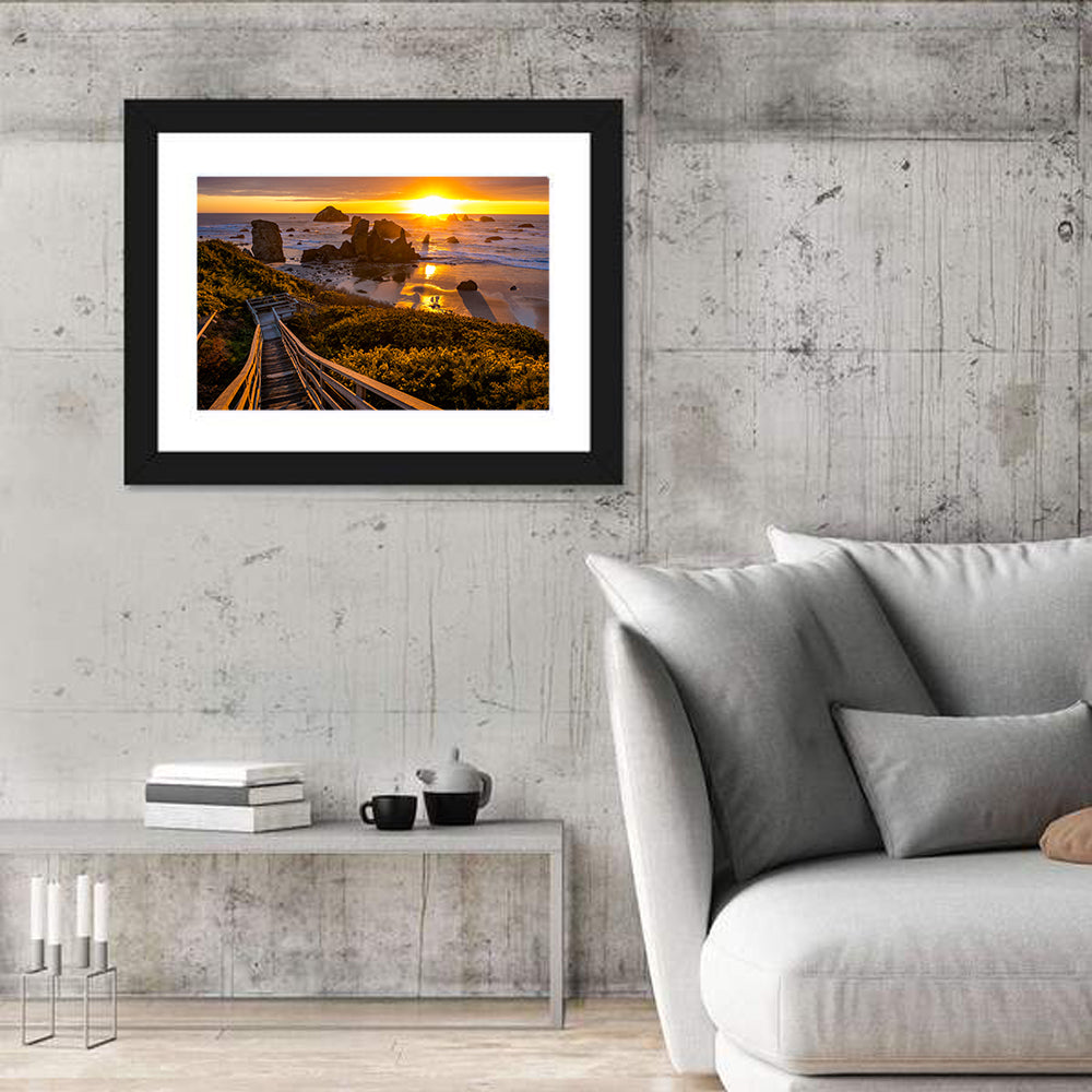 Bandon Beach Sunset Staircase Wall Art in a room, landscape