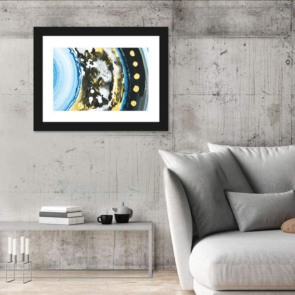 Planet Rings in Blue and Gold Wall Art in a room, landscape