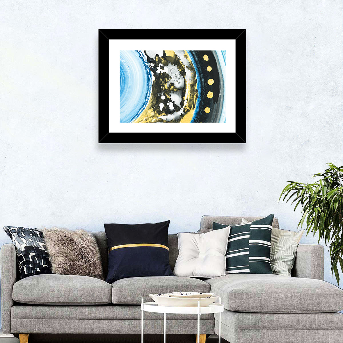 Planet Rings in Blue and Gold Wall Art in a room, landscape