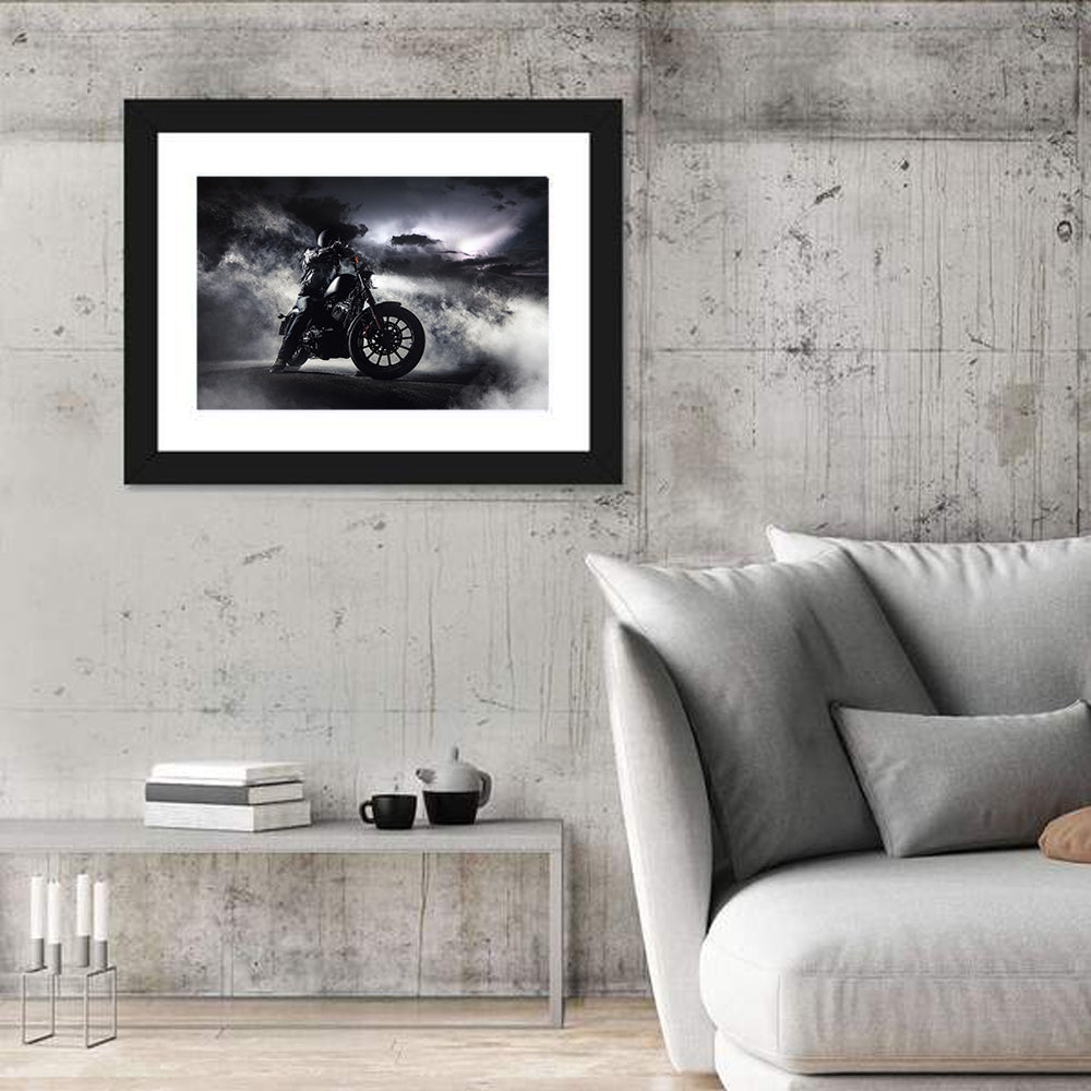 Motorcyclist in Fog at Night Wall Art in a room, landscape