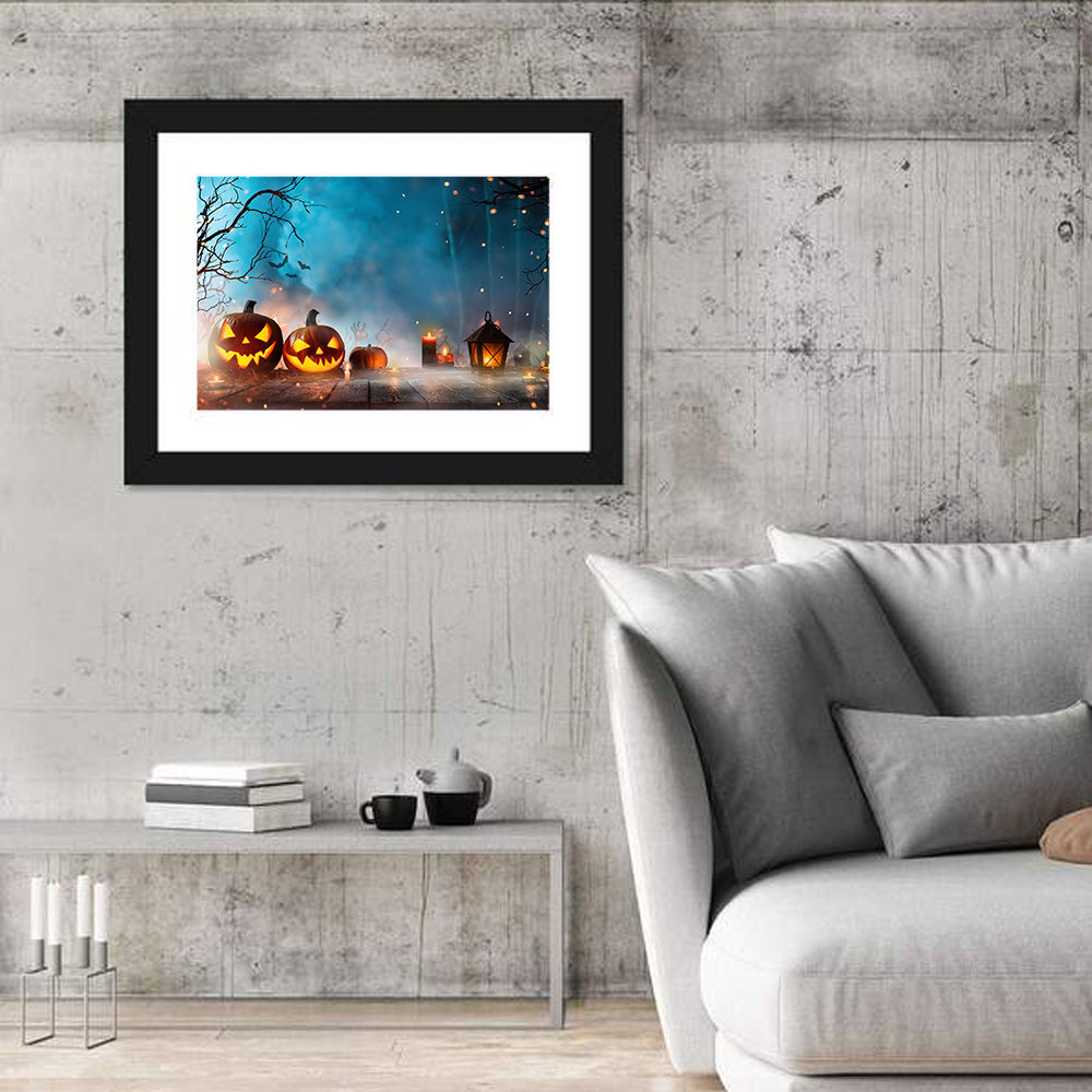 Foggy Halloween Pumpkins Wall Art in a room, landscape