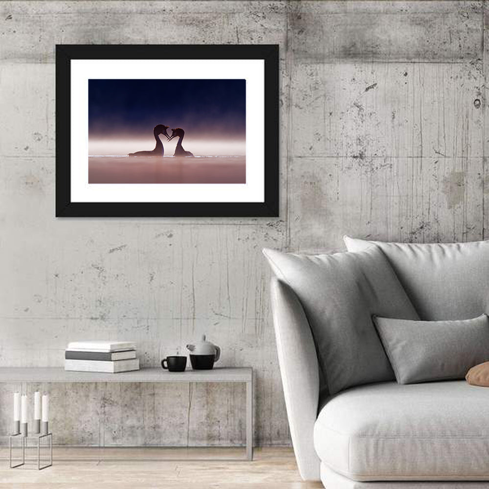 Crested Grebes in Morning Mist Wall Art