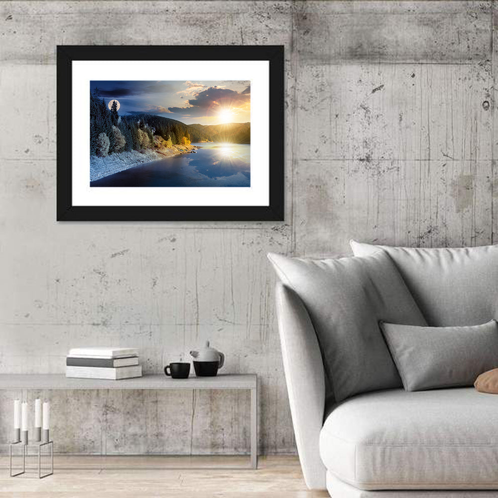 Autumn Mountain Lake Wall Art in a room, landscape