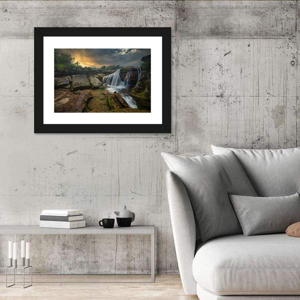 Mossy Rocks Waterfall at Golden Sky Wall Art in a room, landscape