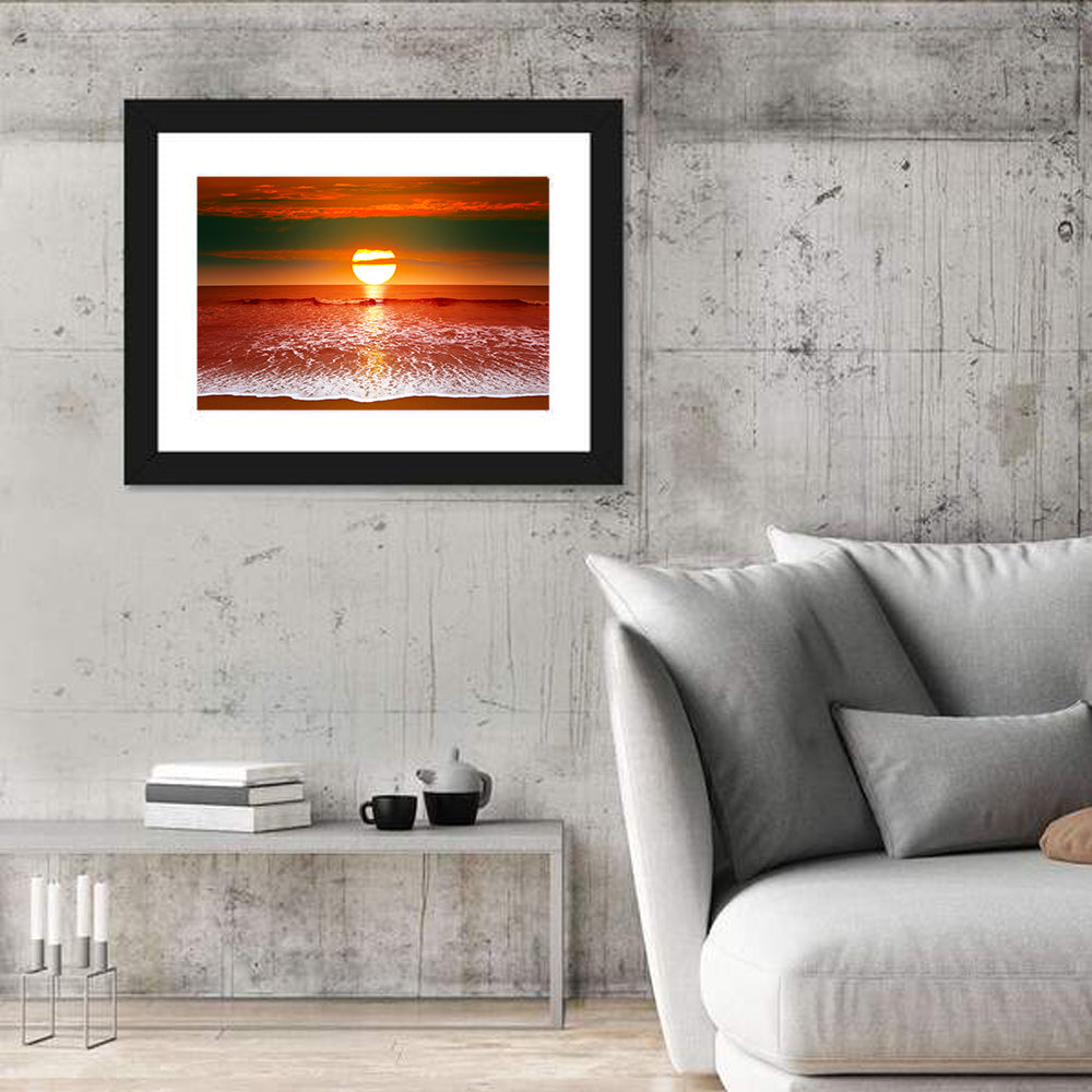 Sunset Over Ocean Wall Art in a room, landscape