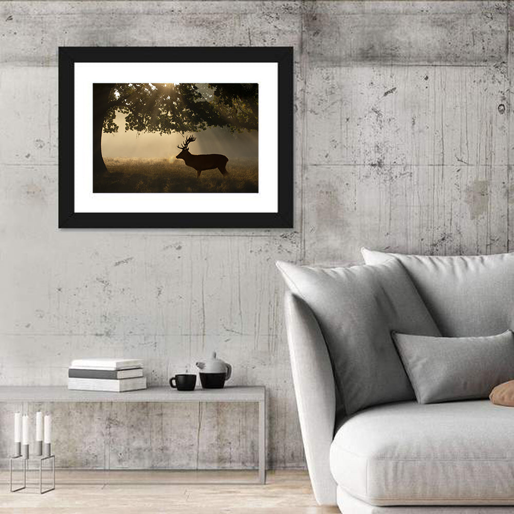 Misty Stag Silhouette Wall Art in a room, landscape