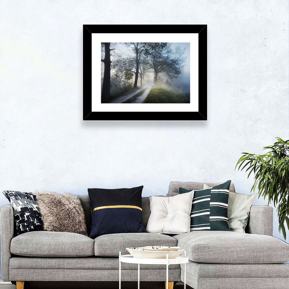Foggy Forest Path Wall Art in a room, landscape