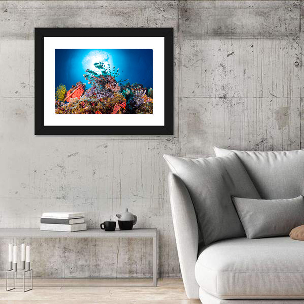 Lionfish in Coral Reef Wall Art in a room, landscape