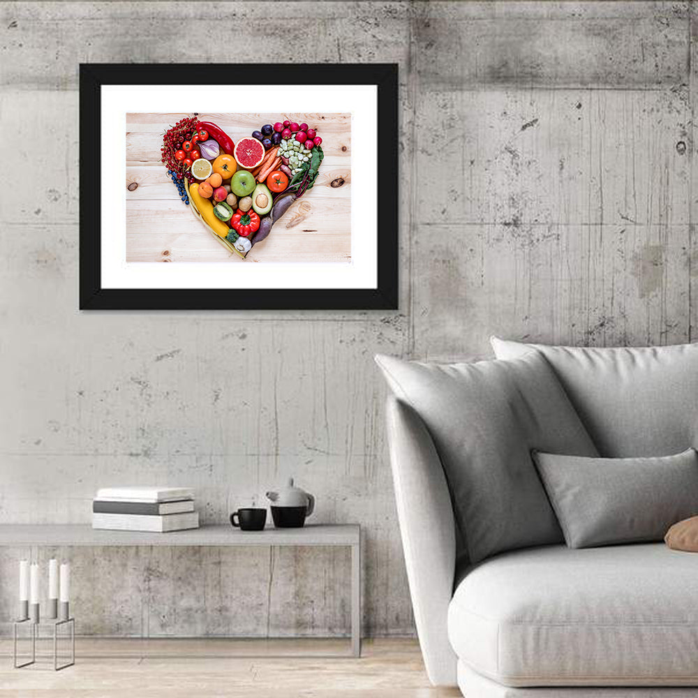 Heart of Fresh Fruits and Vegetables Wall Art in a room, landscape