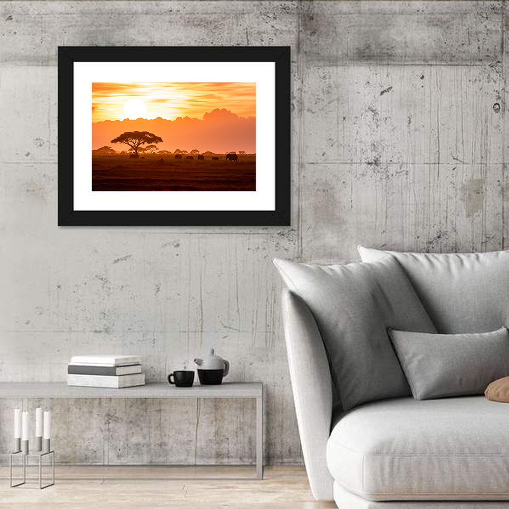African Elephant Herd at Sunset Wall Art in a room, landscape