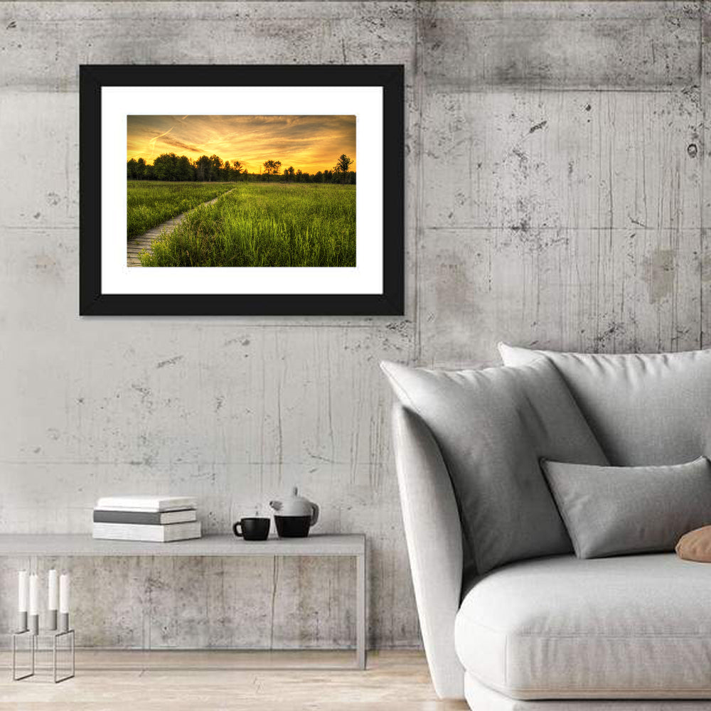 Irwin Prairie Boardwalk Sunset Wall Art in a room, landscape