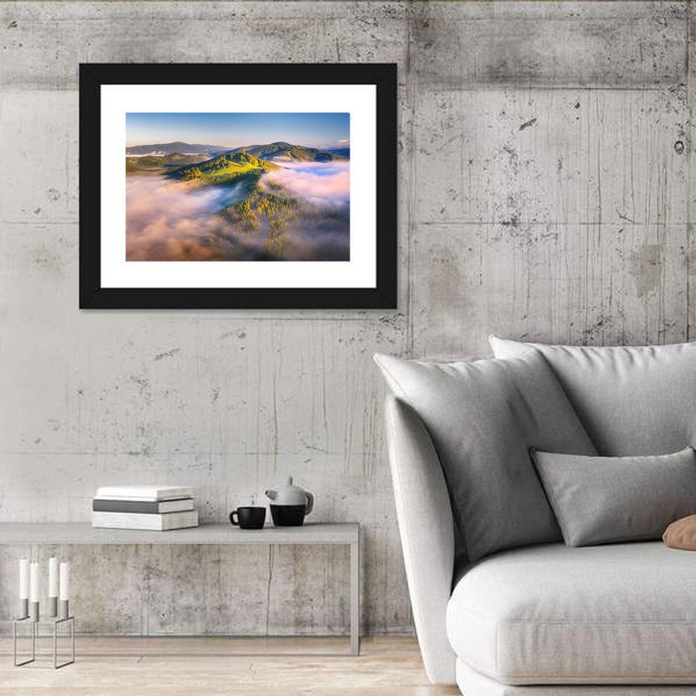 Foggy Mountain Sunrise Wall Art in a room, landscape