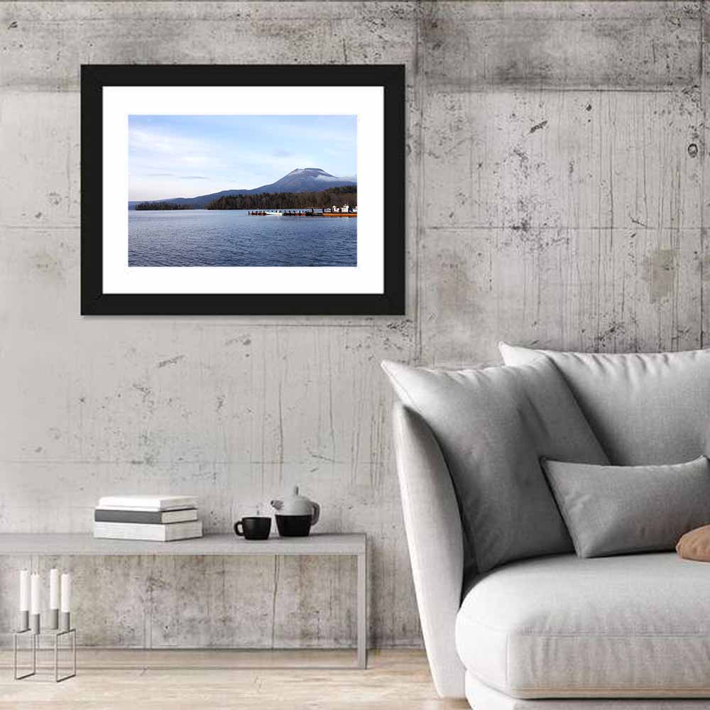 Lake Akan Pier and Snow Capped Peak Wall Art