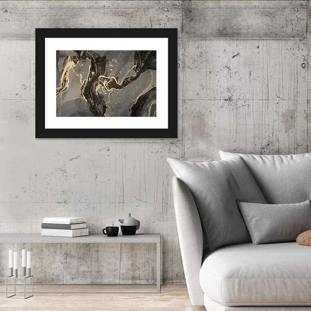 Black and Gold Marbled Abstract Wall Art in a room, landscape