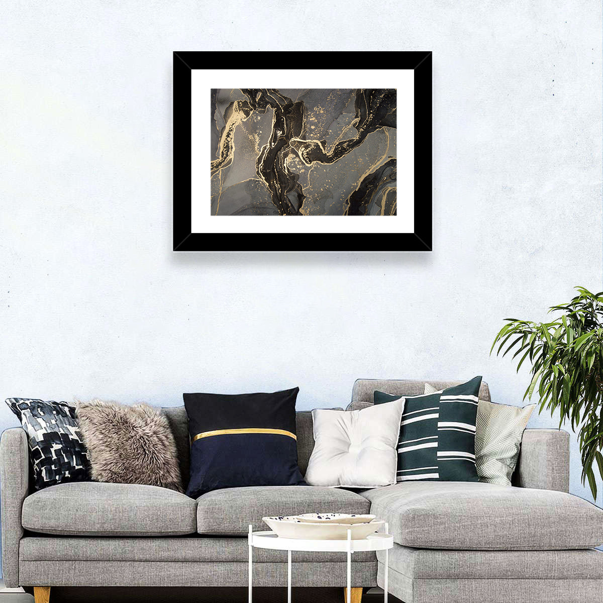 Black and Gold Marbled Abstract Wall Art in a room, landscape
