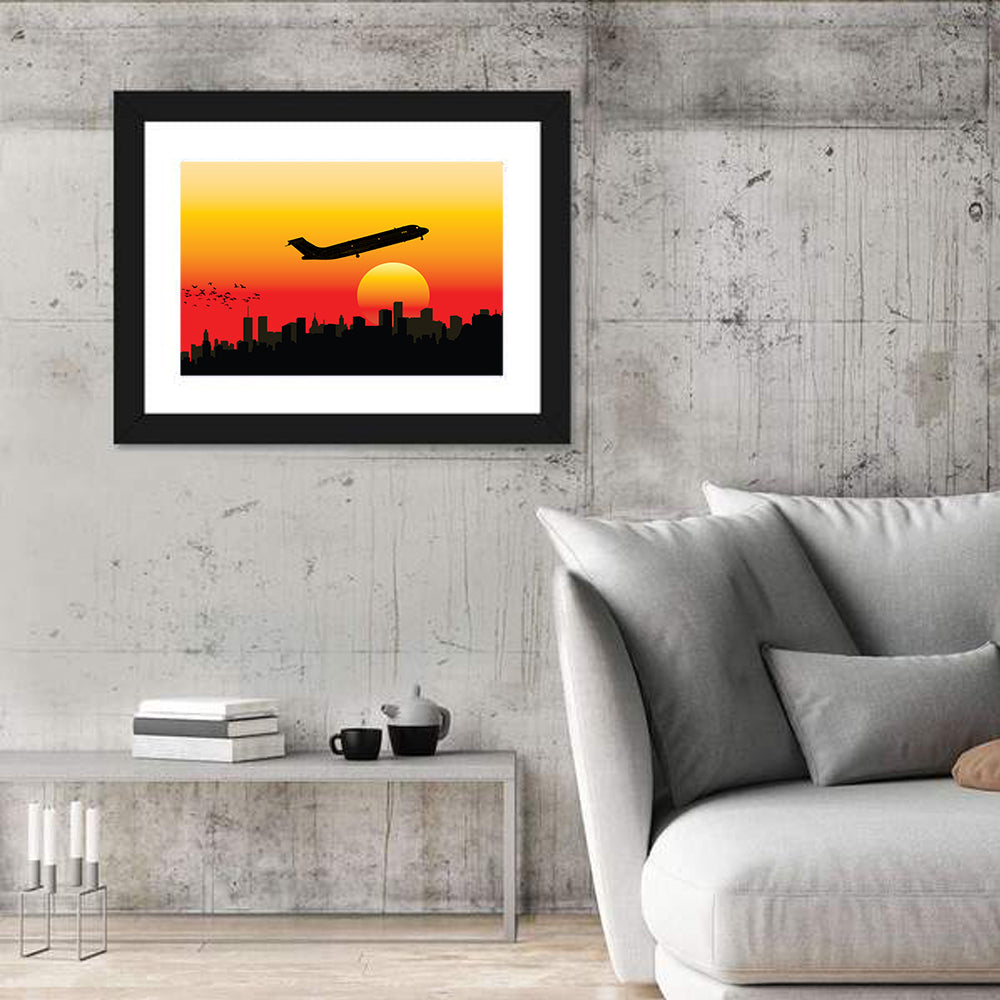 Airplane Over Sunset Skyline Wall Art