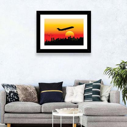 Airplane Over Sunset Skyline Wall Art