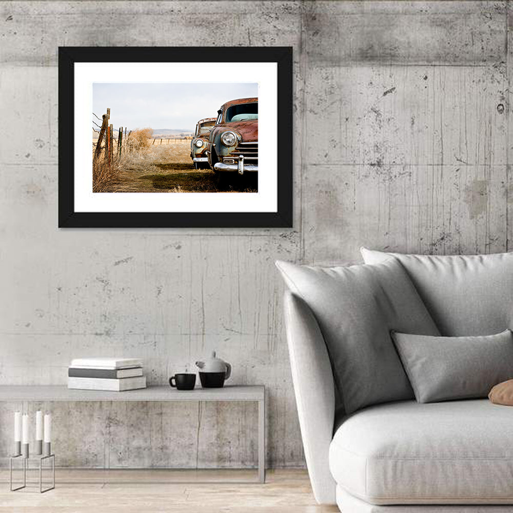 Abandoned Rusty Vintage Cars Behind Barbed Wire Wall Art