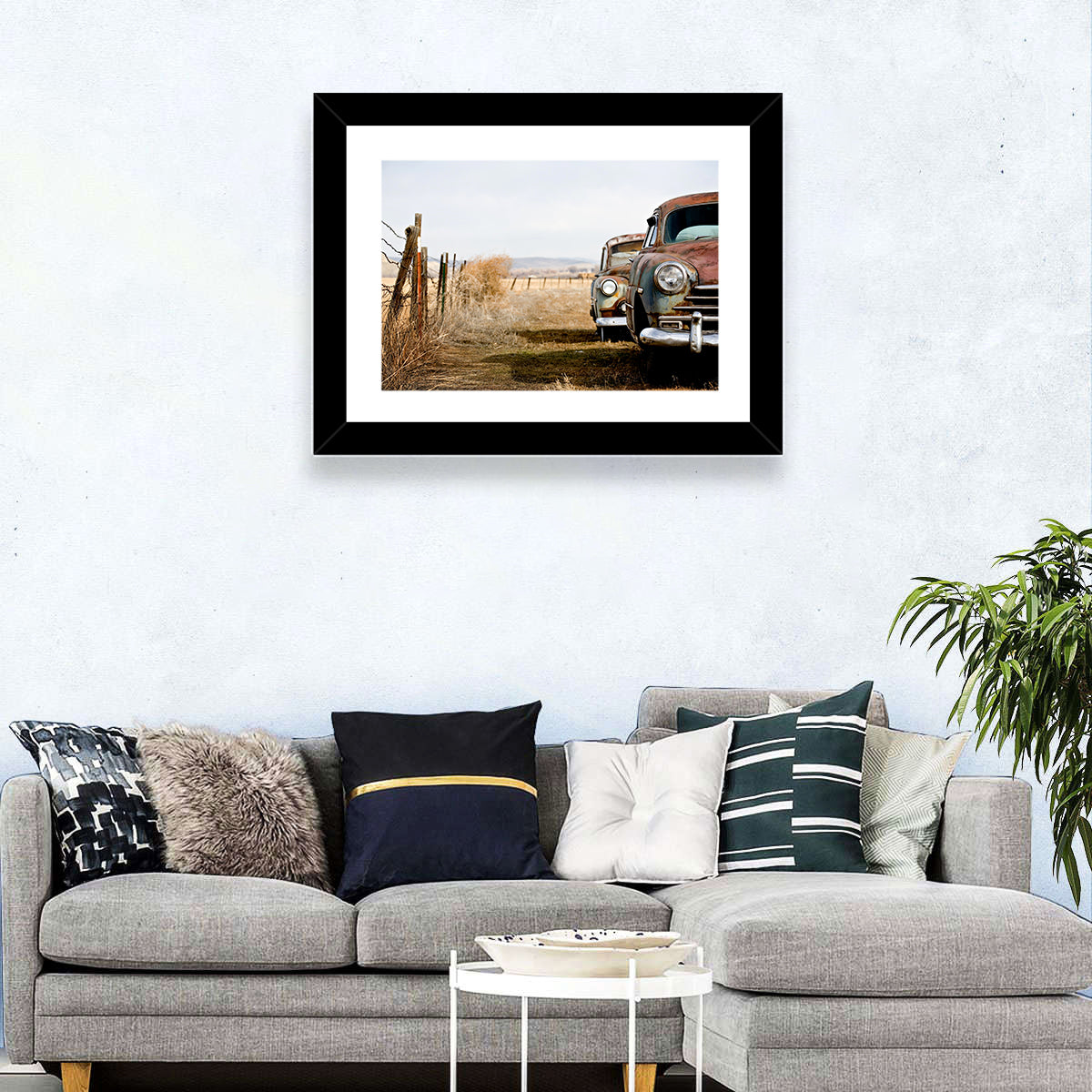 Abandoned Rusty Vintage Cars Behind Barbed Wire Wall Art