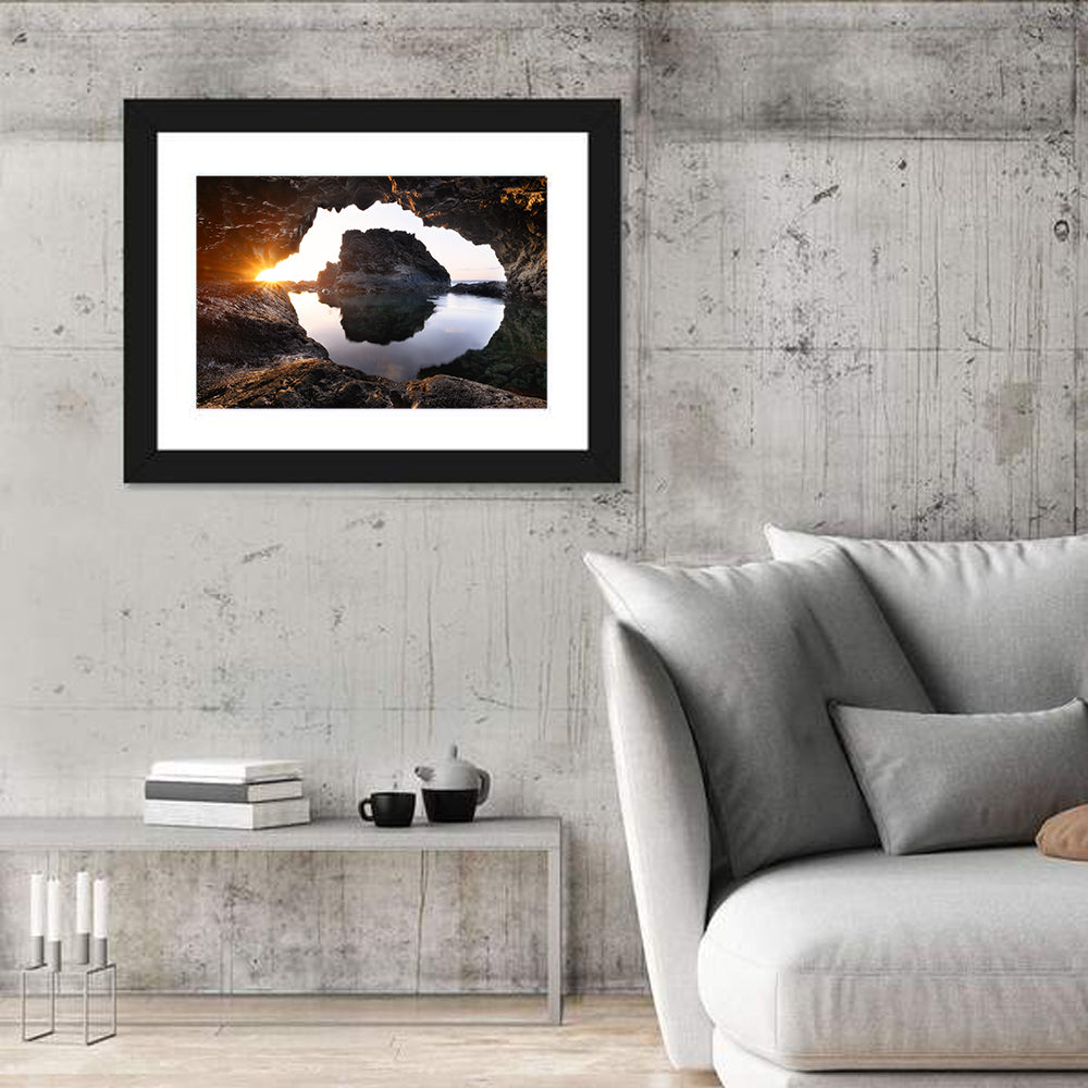 Sea Cave Sunset Wall Art in a room, landscape