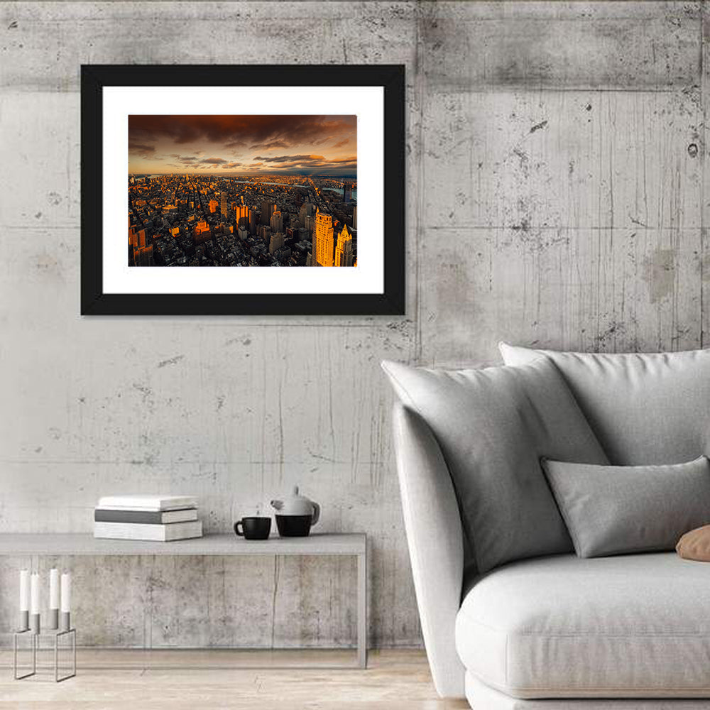 South Manhattan Sunset Skyline Wall Art in a room, landscape