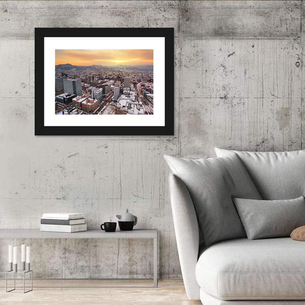 Sapporo Station Skyline at Golden Hour Wall Art in a room, landscape