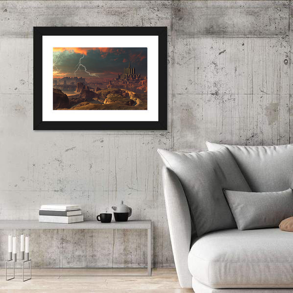 Dusk Storm Over Alien Fortress Wall Art in a room, landscape