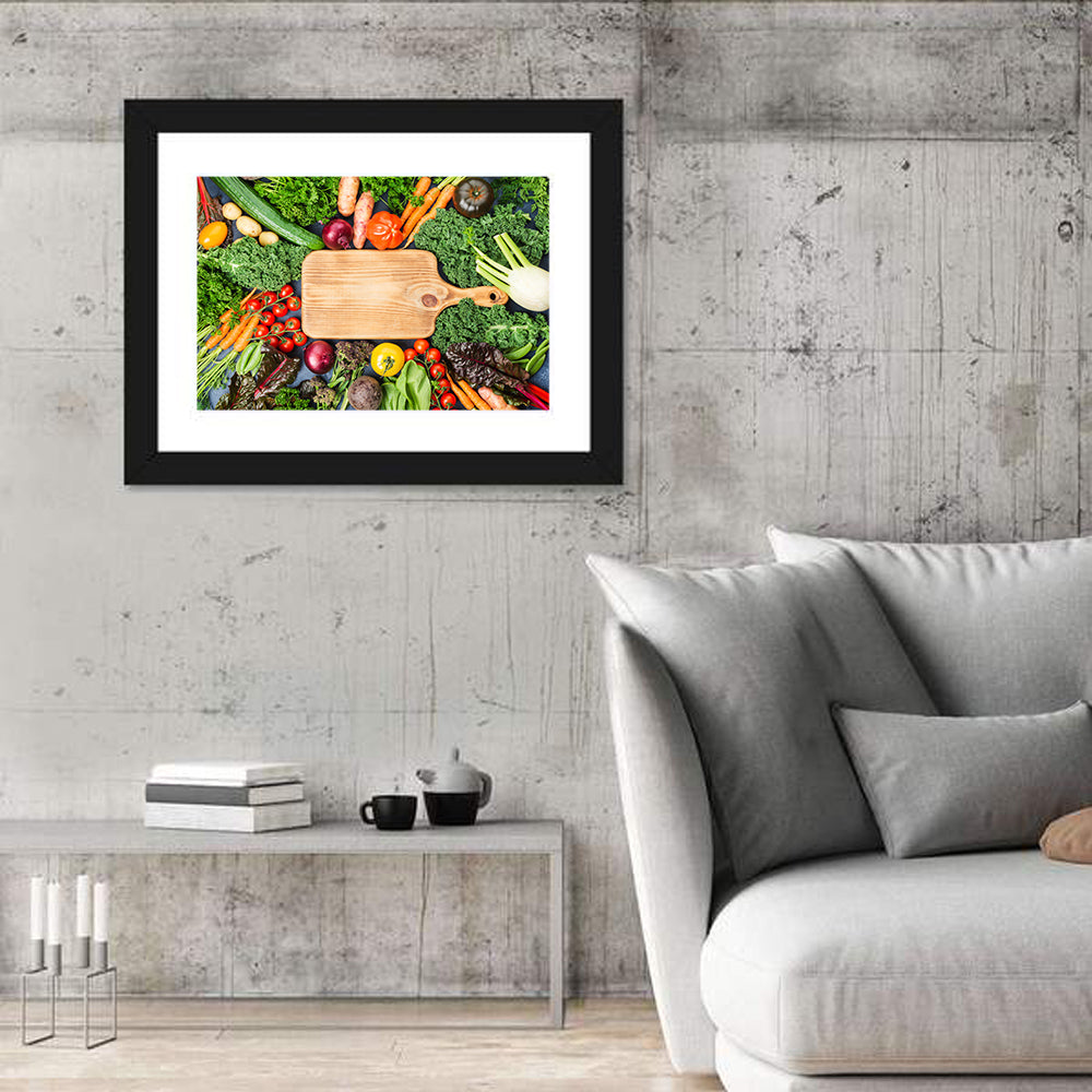 Vegetable Harvest on Cutting Board Wall Art in a room, landscape