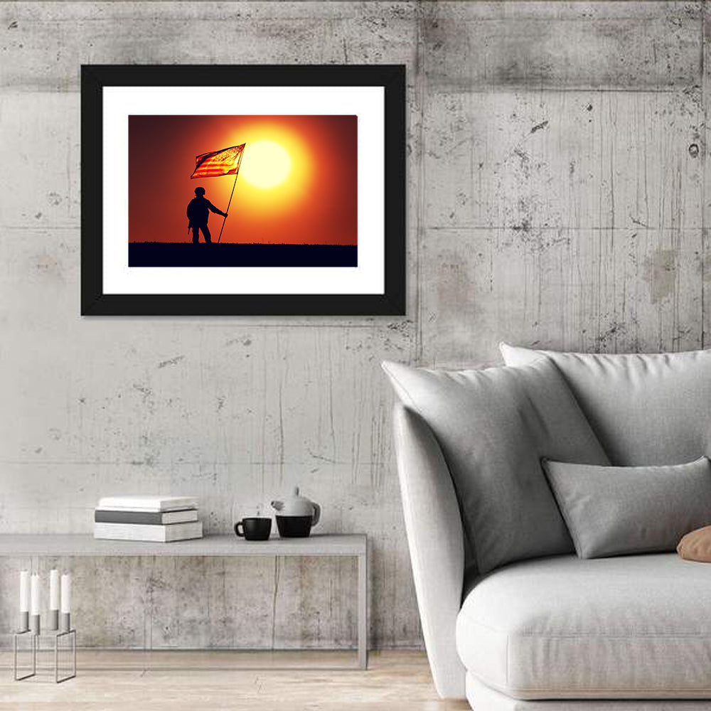 Soldier Silhouette with American Flag Wall Art in a room, landscape