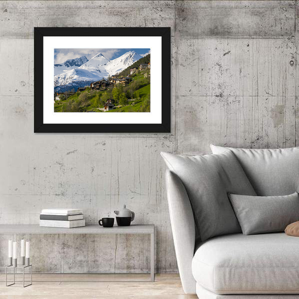 Saas-fee Alpine Village in Spring Wall Art in a room, landscape