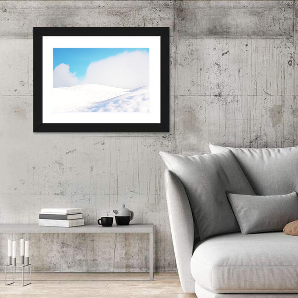 Snowy Hills Under Blue Sky Wall Art in a room, landscape