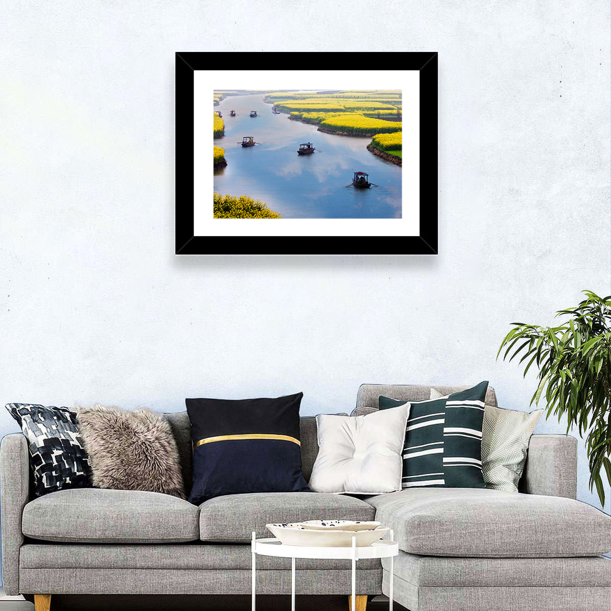 Spring River Rowboats in Rapeseed Fields Wall Art