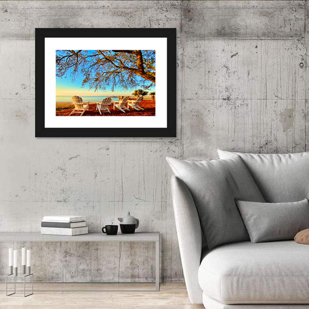 Mobile Bay Adirondack Chairs at Sunrise Wall Art