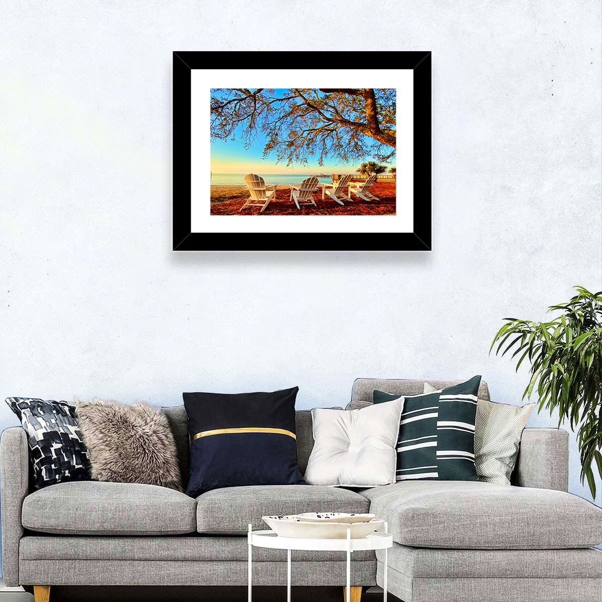 Mobile Bay Adirondack Chairs at Sunrise Wall Art in a room, landscape