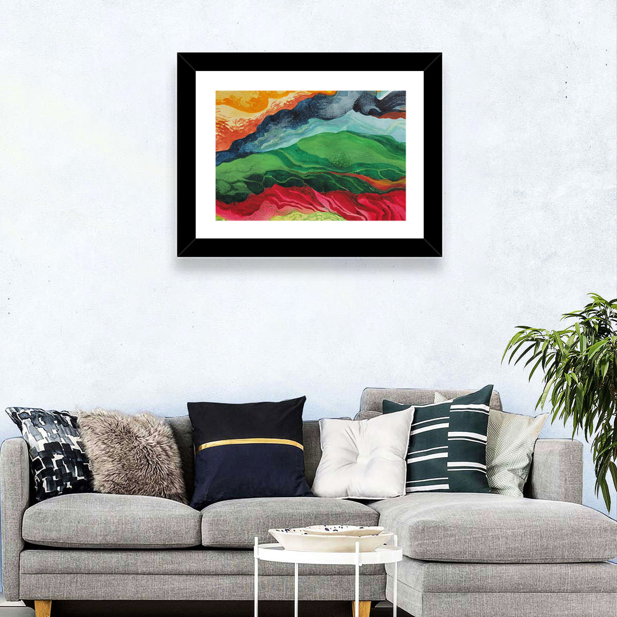 River Through Abstract Mountains Wall Art in a room, landscape