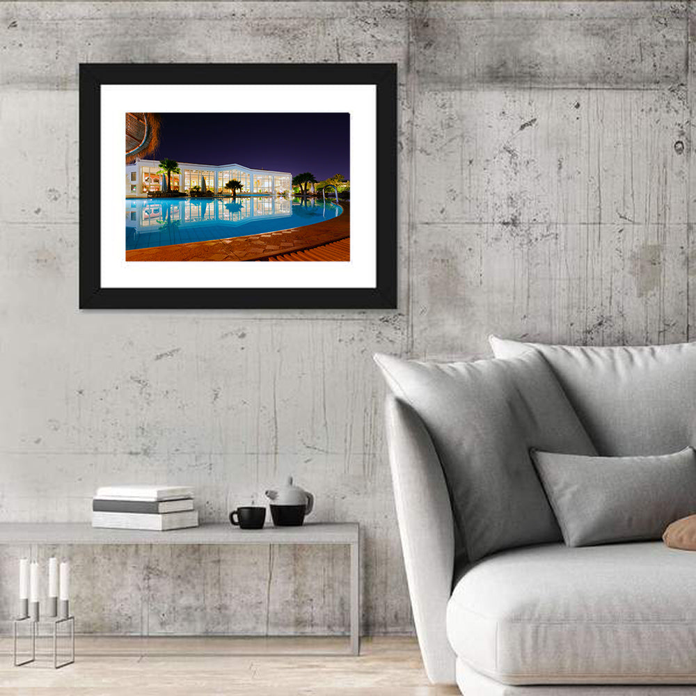 Moonlit Resort Pool Reflection Wall Art in a room, landscape