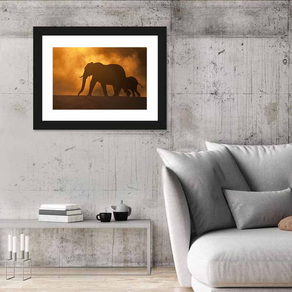 African Elephant Silhouette at Dusk Wall Art in a room, landscape